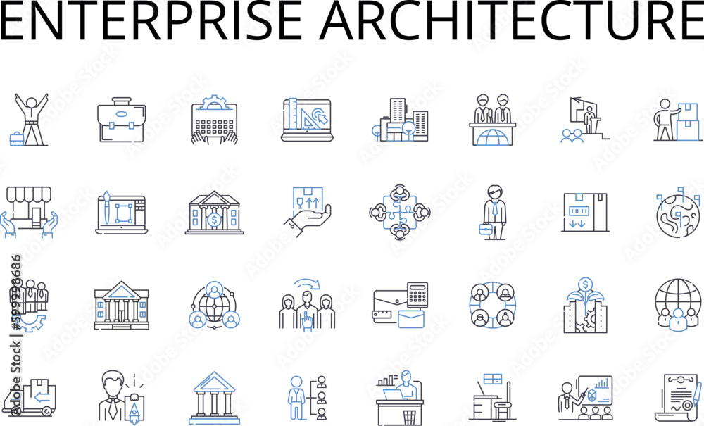 Enterprise architecture line icons collection. Business structure, Corporate blueprint, System analysis, Technical design, Strategic planning, Information management, Solution framework vector and