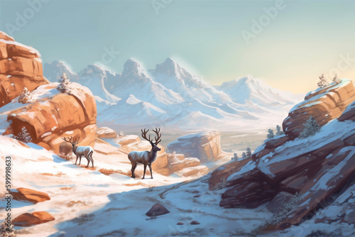 A snow-covered mountain range with a reindeer