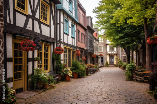 A quaint charming town with cobblestone streets and colorful houses
