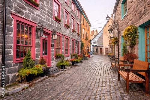 A quaint charming town with cobblestone streets and colorful houses © HY