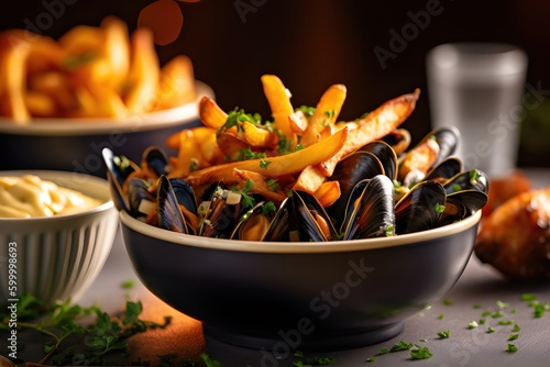 delicious moules frites with mussels and fries, Belgian style, Generative AI