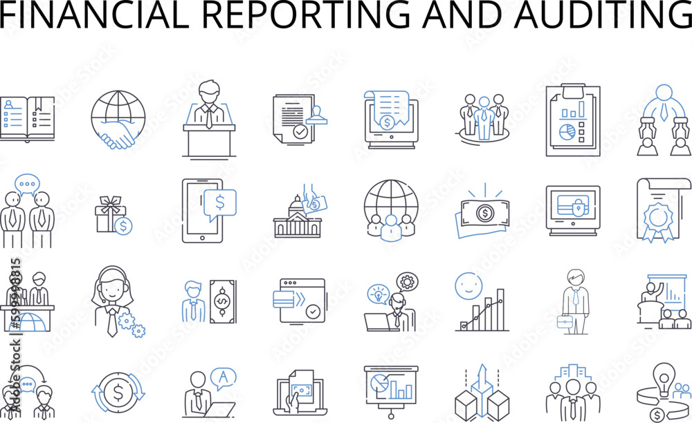 Financial reporting and auditing line icons collection. Bookkeeping and accounting, Taxation and compliance, Budgeting and forecasting, Cash flow management, Financial analysis and planning Financial reporting and auditing line icons collection. Bookkeeping and accounting, Taxation and compliance, Budgeting and forecasting, Cash flow management, Financial analysis and planning