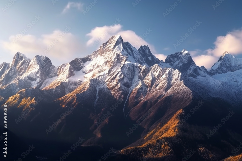 A mountain range with snow capped peaks