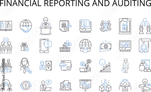 Financial reporting and auditing line icons collection. Bookkeeping and accounting, Taxation and compliance, Budgeting and forecasting, Cash flow management, Financial analysis and planning