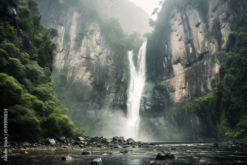 Waterfall with misty spray. Giant waterfall in the forest