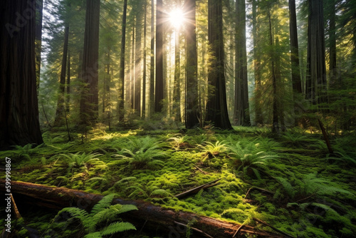 Redwood forest with towering trees and sun shining through the trees