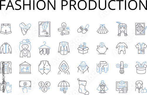 Fashion production line icons collection. Apparel manufacturing, Clothing production, Garment creation, Textile fabrication, Style creation, Wardrobe production, Accessory craftsmanship vector and
