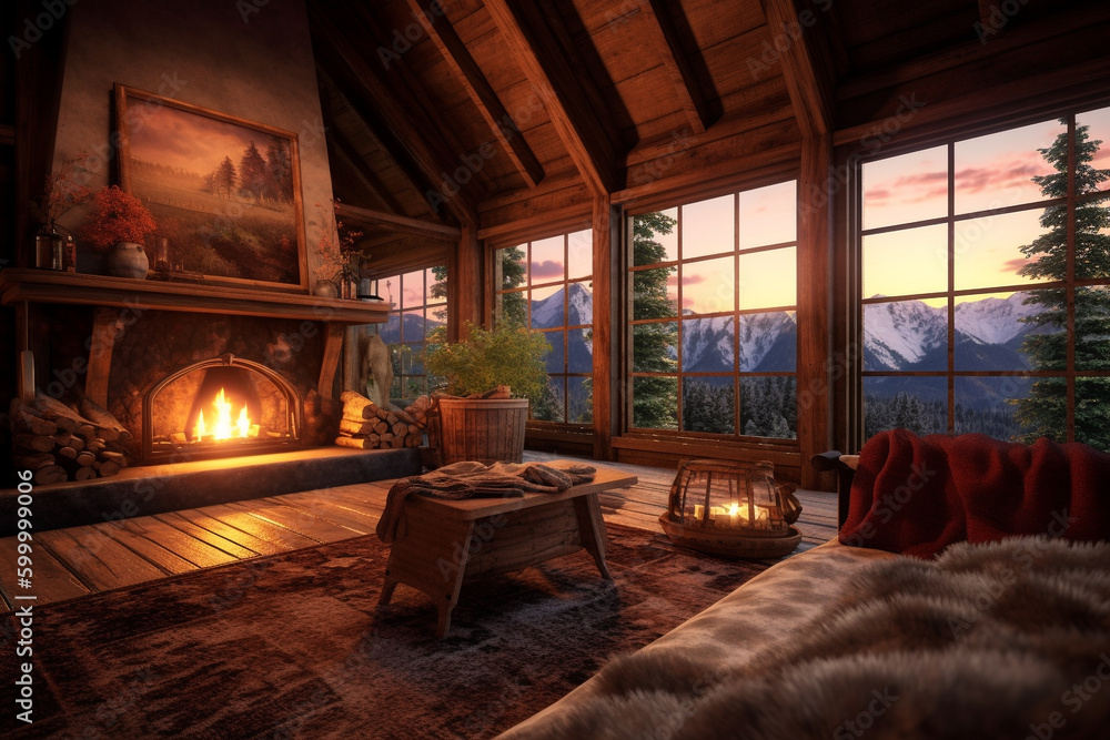 A cozy rustic cabin in the mountains with a roaring fire and beautiful views A cozy rustic cabin in the mountains with a roaring fire and beautiful views