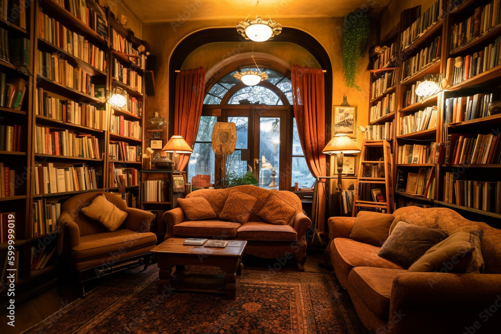 Rustic bookstore with shelves of books and comfortable fabric sofa perfect for reading