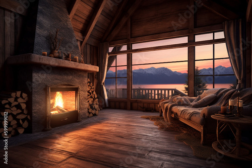A rustic cabin in the mountains with a roaring fireplace and beautiful scenic views outside the window 