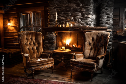 A rustic inn with a roaring fireplace and cosy feel with sofas and dim lighting