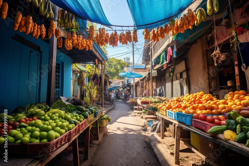 A busy colorful street market with fresh produce. Fruit and vegetable stalls in traditional street market
