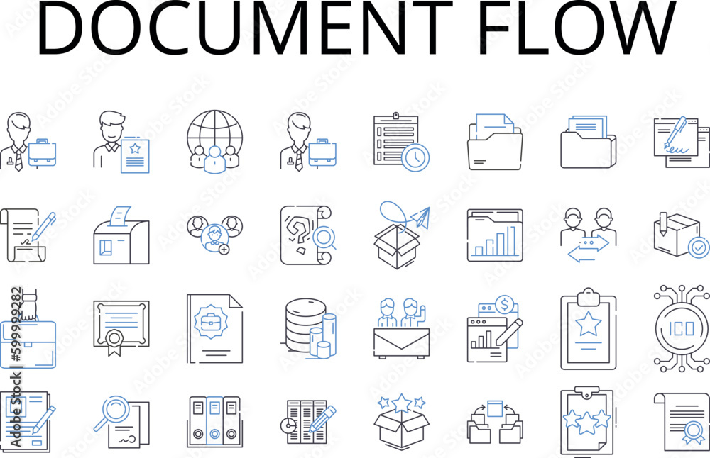 Document flow line icons collection. Workflow management, Information stream, Business process, Task sequence, Process flowchart, Data pipeline, Content delivery vector and linear illustration