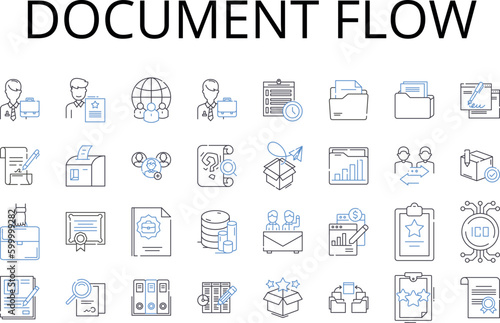 Document flow line icons collection. Workflow management, Information stream, Business process, Task sequence, Process flowchart, Data pipeline, Content delivery vector and linear illustration