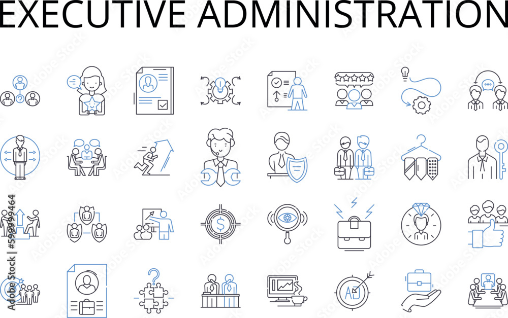 Executive administration line icons collection. Management leadership, Corporate ownership, Professional governance, Fiscal management, Business direction, Senior supervision, Organizational hierarchy Executive administration line icons collection. Management leadership, Corporate ownership, Professional governance, Fiscal management, Business direction, Senior supervision, Organizational hierarchy