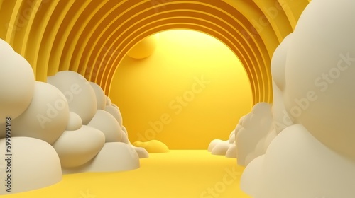 A vibrant yellow tunnel surrounded by white clouds on a sunny day. Generative ai