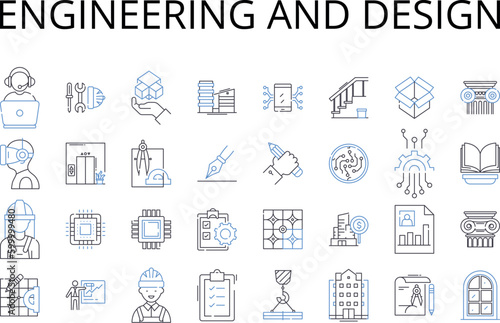 Engineering and design line icons collection. Articulate discourse, Bold imagination, Creative ingenuity, Dynamic innovation, Effective output, Fluent expression, Genuine craftsmanship vector and