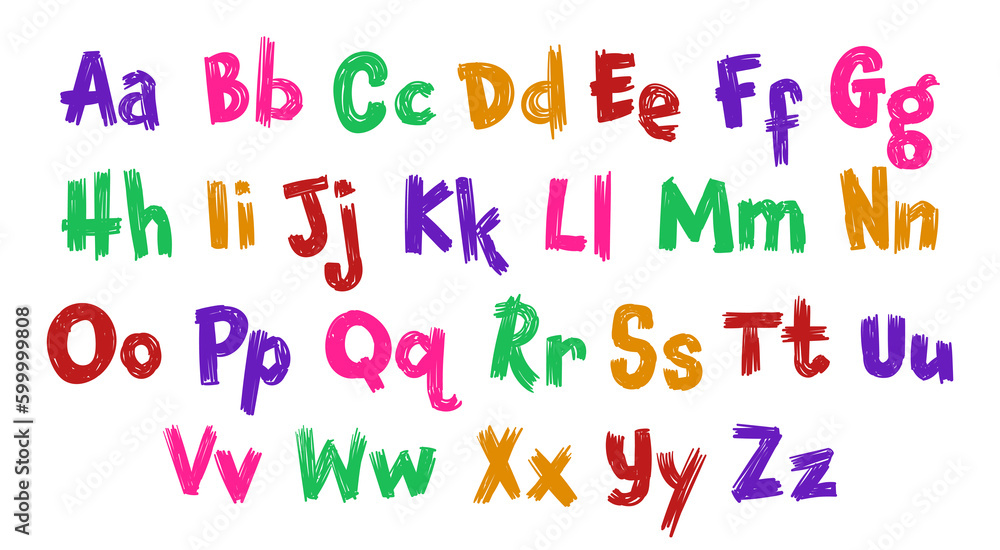 Colorful scribbled letters. Lower and upper case. Irregular children's style.