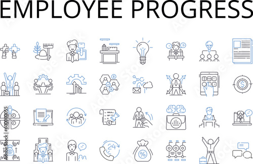 Employee progress line icons collection. Worker development, Staff advancement, Personnel growth, Workforce promotion, Job progress, Career evolution, Team maturation vector and linear illustration