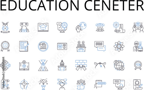 Education ceneter line icons collection. Learning hub, Training institute, Study center, Knowledge base, Skill academy, Intelligence center, Tutoring service vector and linear illustration