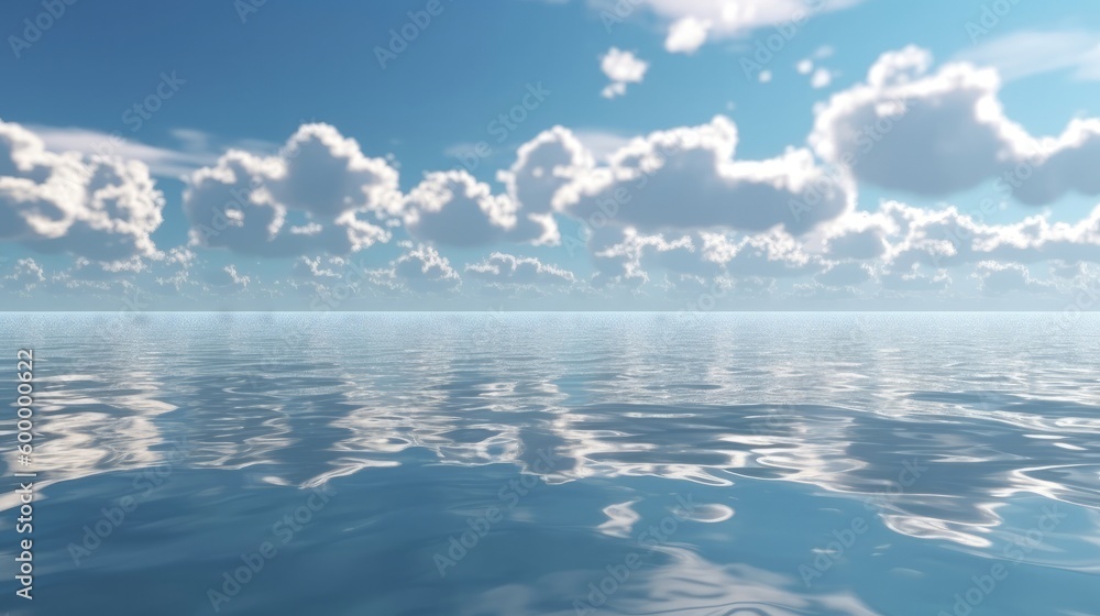 A serene lake reflecting the clouds above. Generative ai