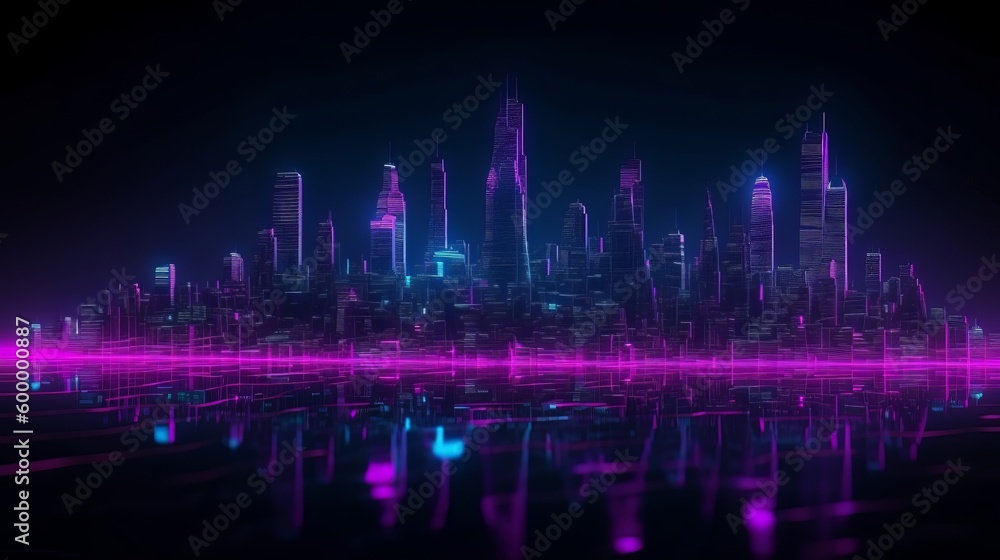 A vibrant city skyline with neon lights reflected in the water. Generative ai