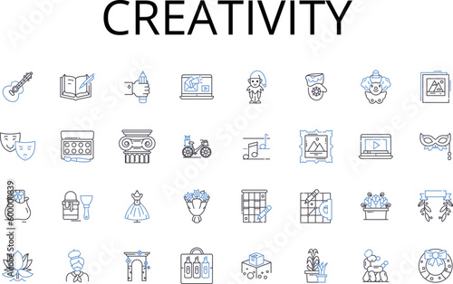 Creativity line icons collection. Innovation, Novelty, Ingenuity, Resourcefulness, Imagination, Inventiveness, Originality vector and linear illustration. Uniqueness,Inspiration,Invention outline photo