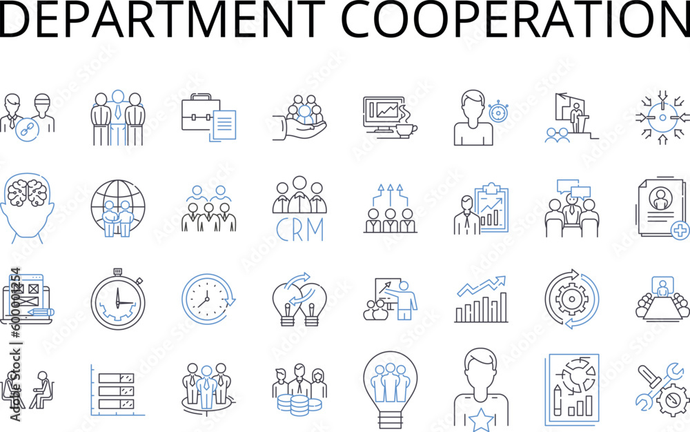 Department cooperation line icons collection. Teamwork collaboration, Mutual assistance, Independent collaboration, Synchronized effort, Cooperative effort, Shared teamwork, Joint collaboration vector Department cooperation line icons collection. Teamwork collaboration, Mutual assistance, Independent collaboration, Synchronized effort, Cooperative effort, Shared teamwork, Joint collaboration vector