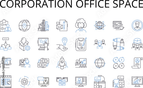 Corporation office space line icons collection. Business headquarters, Company workstations, Enterprise premises, Corporation property, Commercial establishment, Start-up premises, Firm workspaces