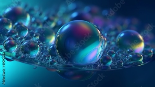 Bubbles floating on a blue surface. Generative ai