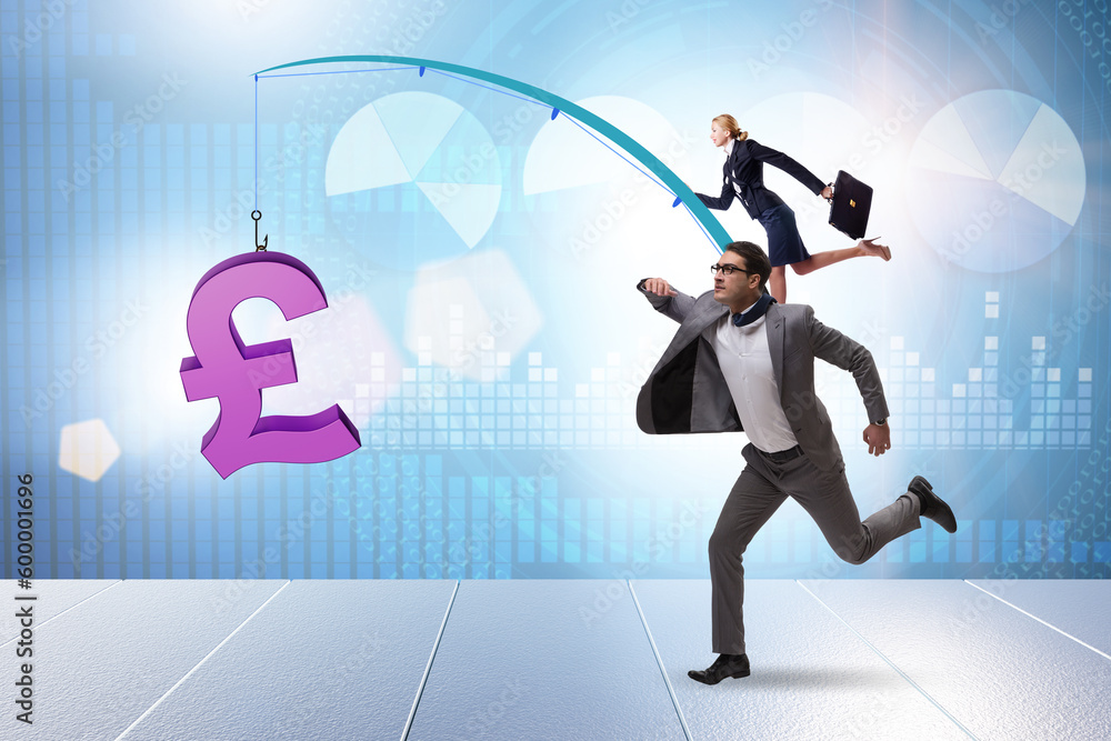 Business people chasing pound on fishing rod Business people chasing pound on fishing rod
