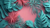 Green and pink leaves on a pink background. Generative ai