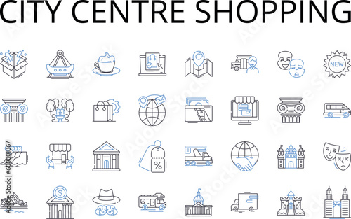 City centre shopping line icons collection. Downtown shopping, Urban shopping, High street shopping, Central shopping, Inner city shopping, CBD shopping, Metropolitan shopping vector and linear