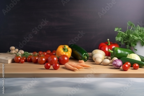 Wooden cutting board with carrots, tomato cherries, bell peppers. Generative AI