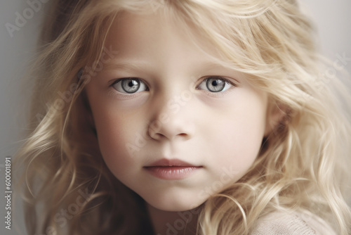 Pretty serious little blond girl closeup. Generative AI