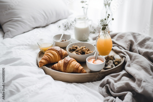French sweet breakfast in a bed, croissants, juice, coffee, granola. Generative AI