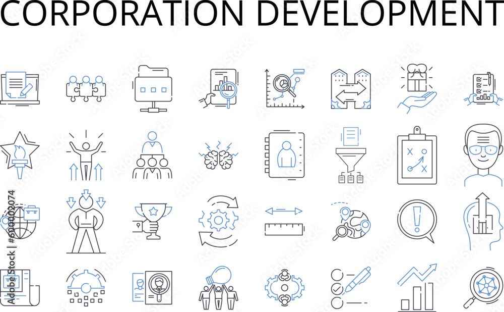 Corporation development line icons collection. Business expansion, Company growth, Entrepreneurship evolution, Enterprise progress, Firm enhancement, Startup evolution, Trade advancement vector and