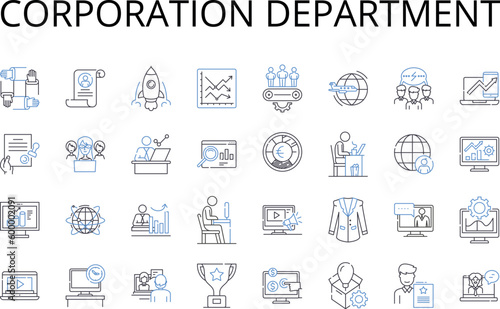 Corporation department line icons collection. Executive suite, Agency division, Government branch, Judicial chamber, Legislative assembly, Business unit, Marketing team vector and linear illustration