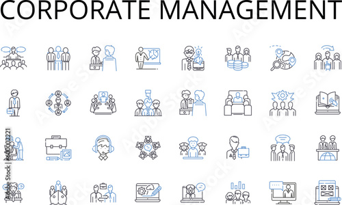 Corporate Management line icons collection. Executive Leadership, Business Administration, Company Governance, Organizational Direction, Team Management, Authorities Management, Command Hierarchy