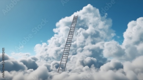 A ladder reaching up into the blue sky and fluffy clouds. Generative ai