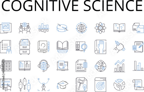 Cognitive science line icons collection. Quantum physics, Social psychology, Linguistic analysis, Cyber security, Data analytics, Environmental science, Digital marketing vector and linear