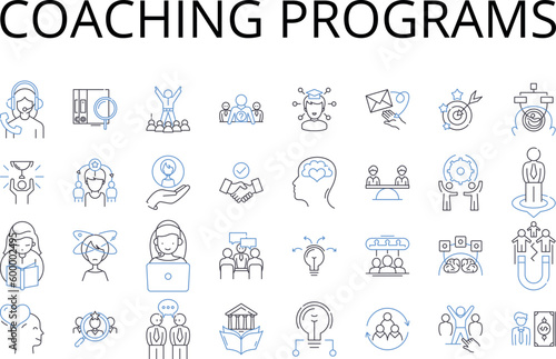 Coaching programs line icons collection. Leadership training, Professional development, Career coaching, Team-building, Executive education, Strategic planning, Skill-building vector and linear