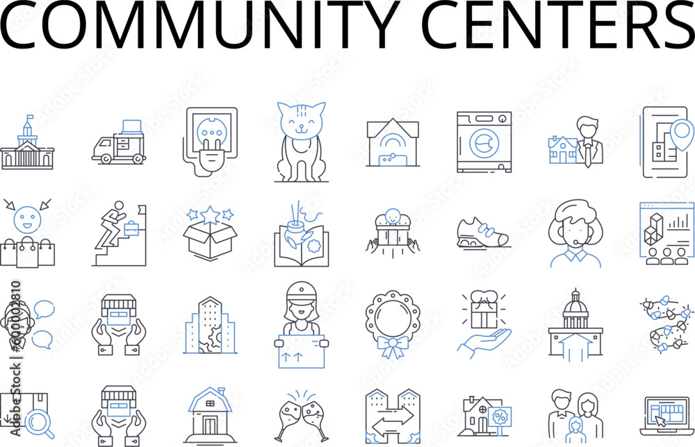 Community centers line icons collection. Learning institutions, Cultural hubs, Social spaces, Recreational centers, Civic organizations, Activity hubs, Neighborhood spaces vector and linear Community centers line icons collection. Learning institutions, Cultural hubs, Social spaces, Recreational centers, Civic organizations, Activity hubs, Neighborhood spaces vector and linear