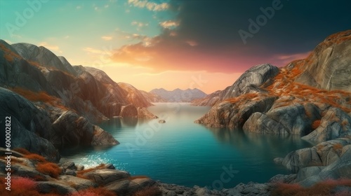 A serene lake amidst towering mountain peaks. Generative ai