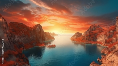 An artist s rendering of a beautiful sunset over a serene mountain lake. Generative ai