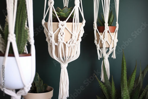 DIY macrame plant hanger. Boho style interior decor. Generative AI photo