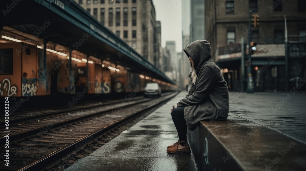 A sad and lonely person sits alone on a city street in the rain at night. Generative AI. 