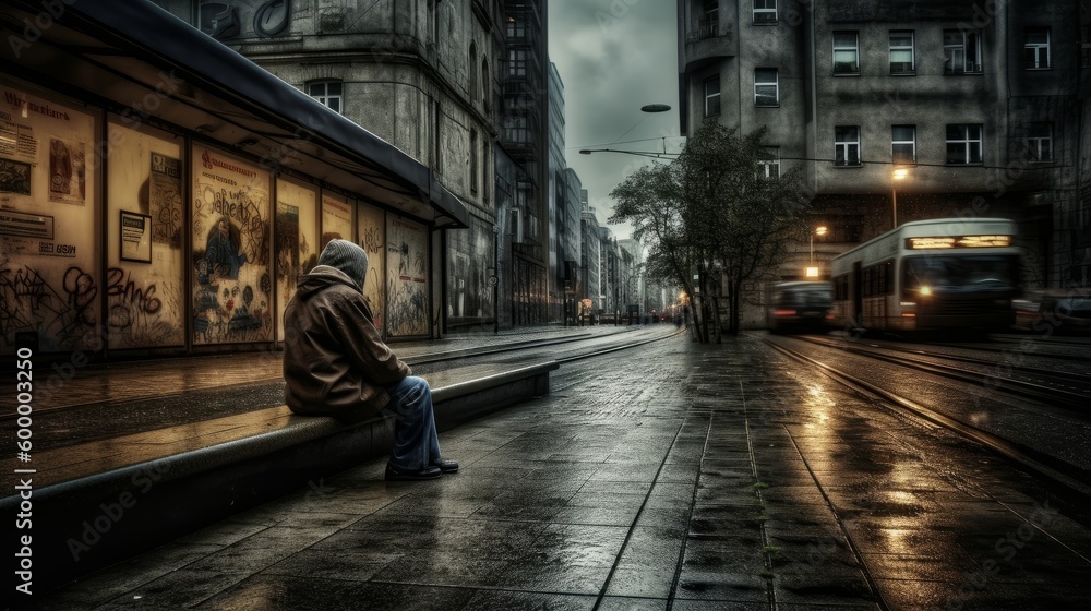 A sad and lonely person sits alone on a city street in the rain at night. Generative AI. 