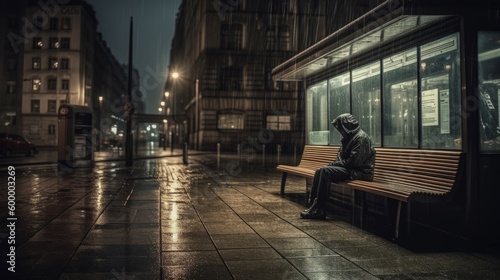 A sad and lonely person sits alone on a city street in the rain at night. Generative AI. 