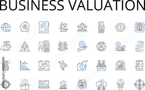 Business valuation line icons collection. Asset appraisal, Property assessment, Company worth, Equity evaluation, Investment scrutiny, Market rating, Corporate analysis vector and linear illustration